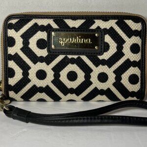Spartina Daufuskie Island Linen & Leather Wristlet Wallet Black & Beige 6 1/4X 4